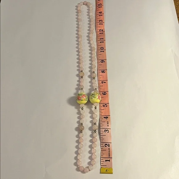 Vintage Rose Quartz Beaded Necklace with Painted Floral Accent Beads - Picture 3 of 5